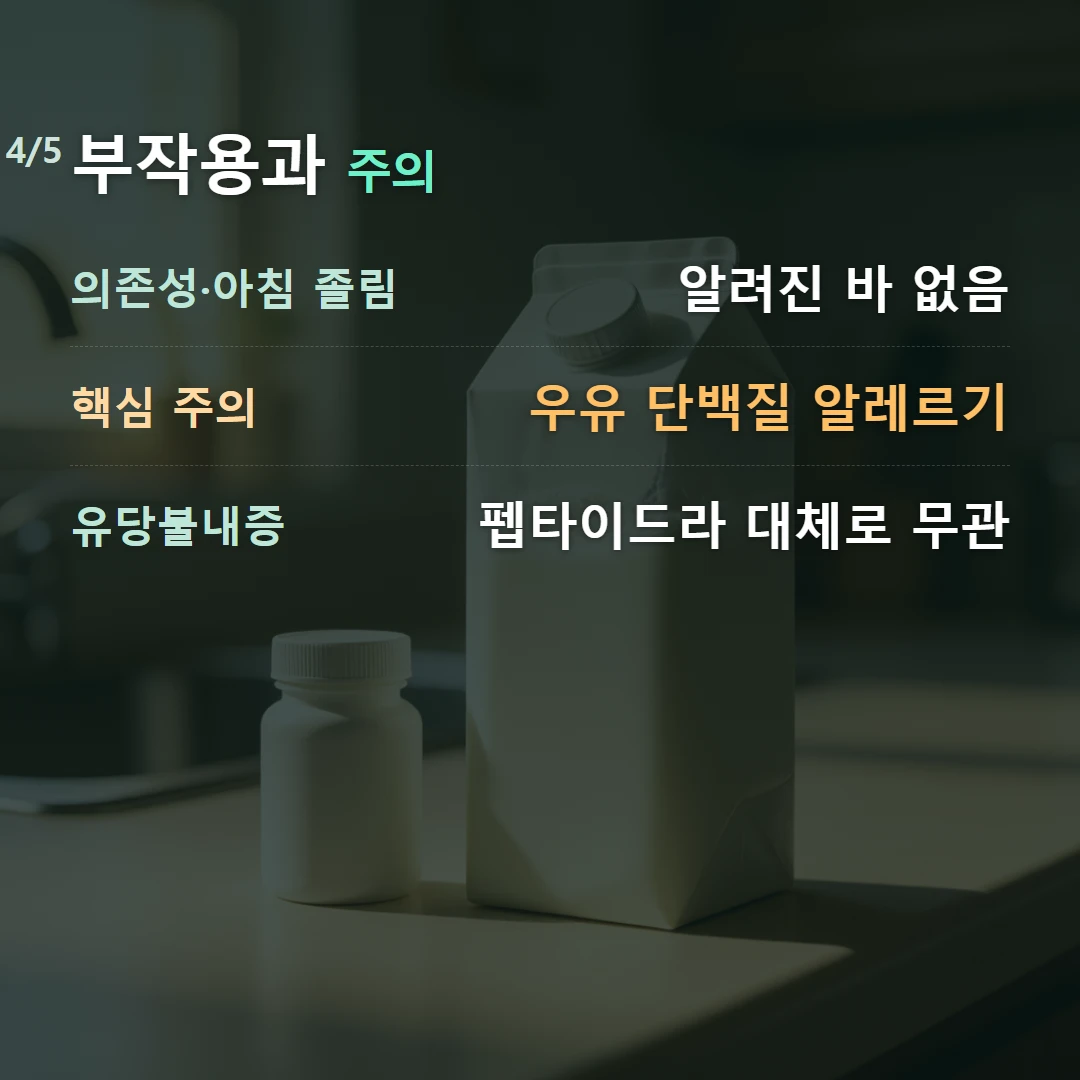 부작용과 주의 — 의존성·아침 졸림 알려진 바 없음, 핵심 주의 우유 단백질 알레르기, 유당불내증 펩타이드라 대체로 무관
