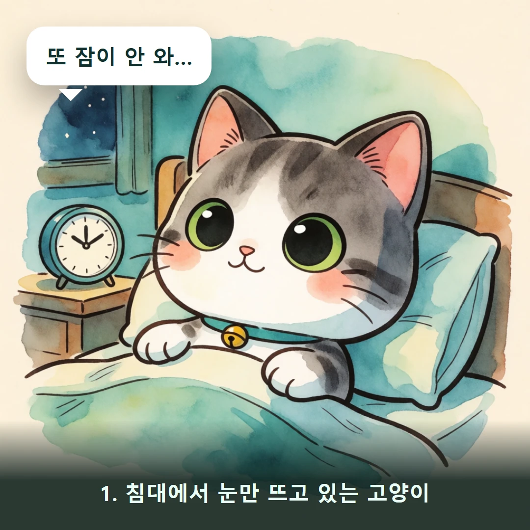 웹툰 1컷 — 1. 침대에서 눈만 뜨고 있는 고양이 (또 잠이 안 와…)