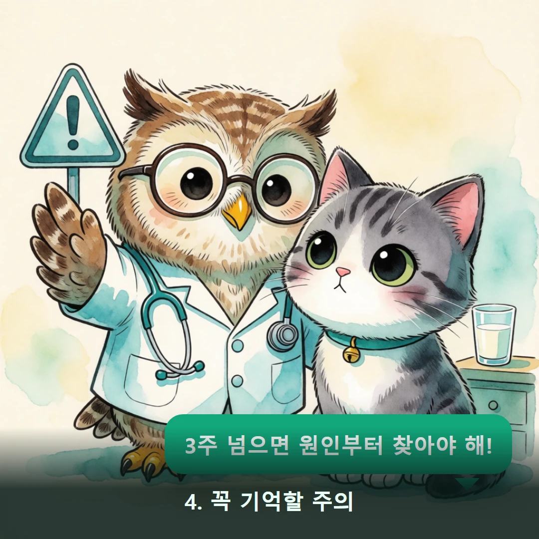 웹툰 4컷 — 4. 꼭 기억할 주의 (3주 넘으면 원인부터 찾아야 해!)