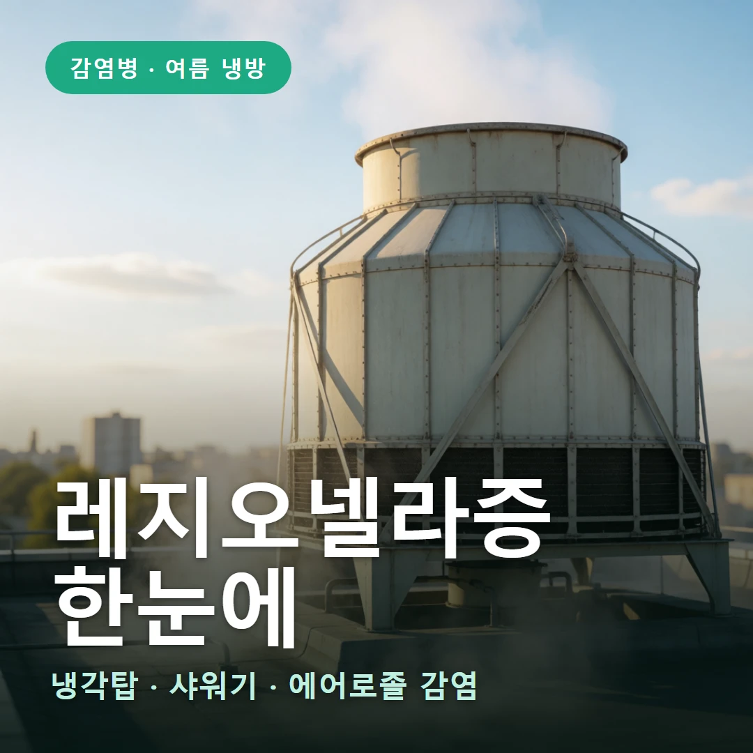 레지오넬라증 요약 표지 — 냉각탑 · 샤워기 · 에어로졸 감염