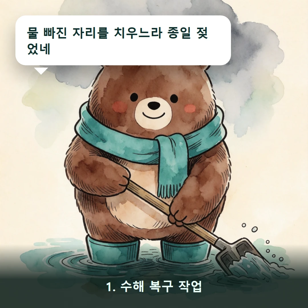 웹툰 1컷 — 1. 수해 복구 작업 (물 빠진 자리를 치우느라 종일 젖었네)