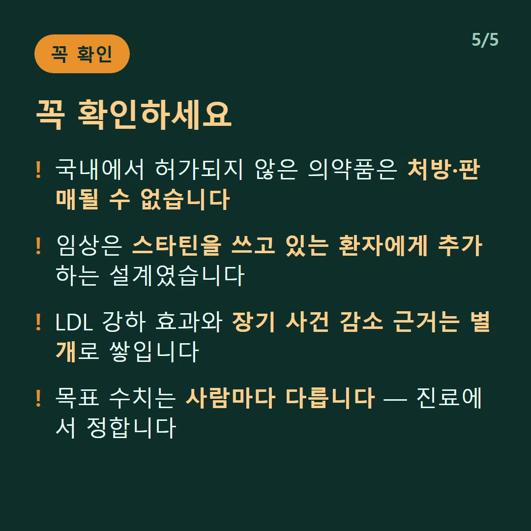 꼭 확인하세요 — 국내에서 허가되지 않은 의약품은 처방·판매될 수 없습니다 / 임상은 스타틴을 쓰고 있는 환자에게 추가하는 설계였습니다 / LDL 강하 효과와 장기 사건 감소 근거는 별개로 쌓입니다 / 목표 수치는 사람마다 다릅니다 — 진료에서 정합니다