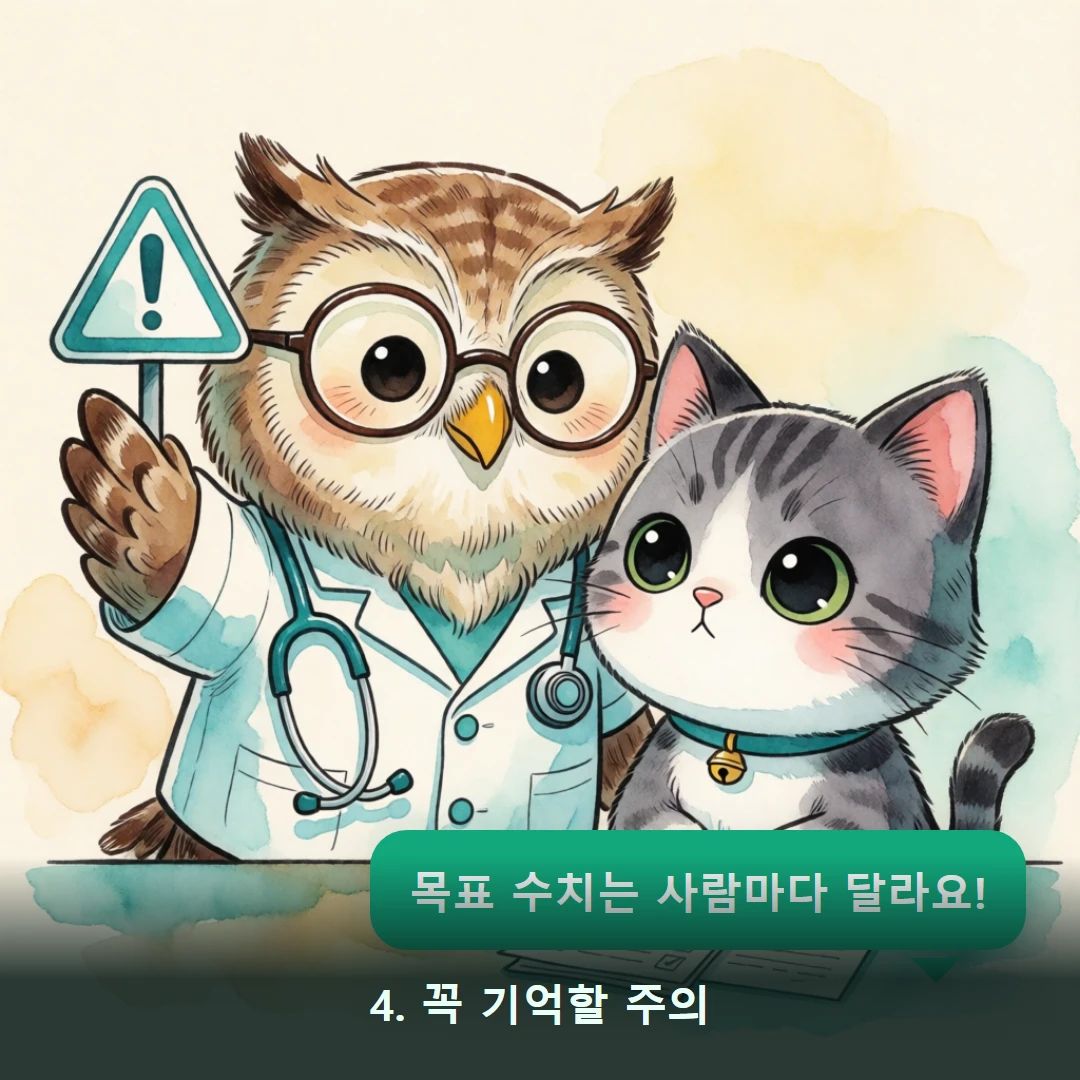 웹툰 4컷 — 4. 꼭 기억할 주의 (목표 수치는 사람마다 달라요!)