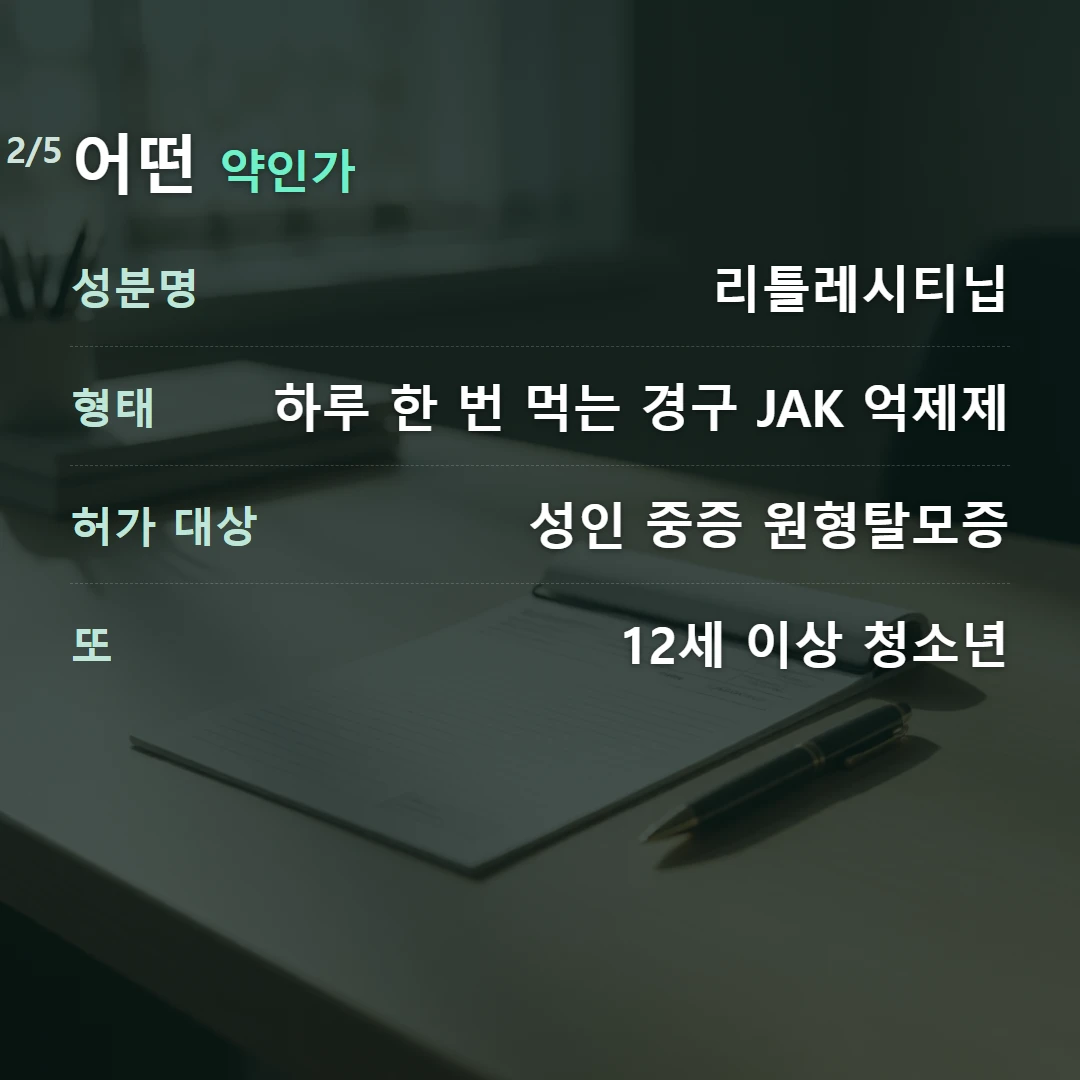 어떤 약인가 — 성분명 리틀레시티닙, 형태 하루 한 번 먹는 경구 JAK 억제제, 허가 대상 성인 중증 원형탈모증, 또 12세 이상 청소년