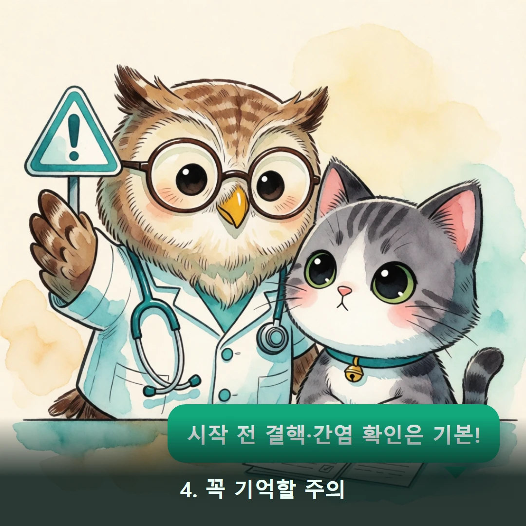 웹툰 4컷 — 4. 꼭 기억할 주의 (시작 전 결핵·간염 확인은 기본!)