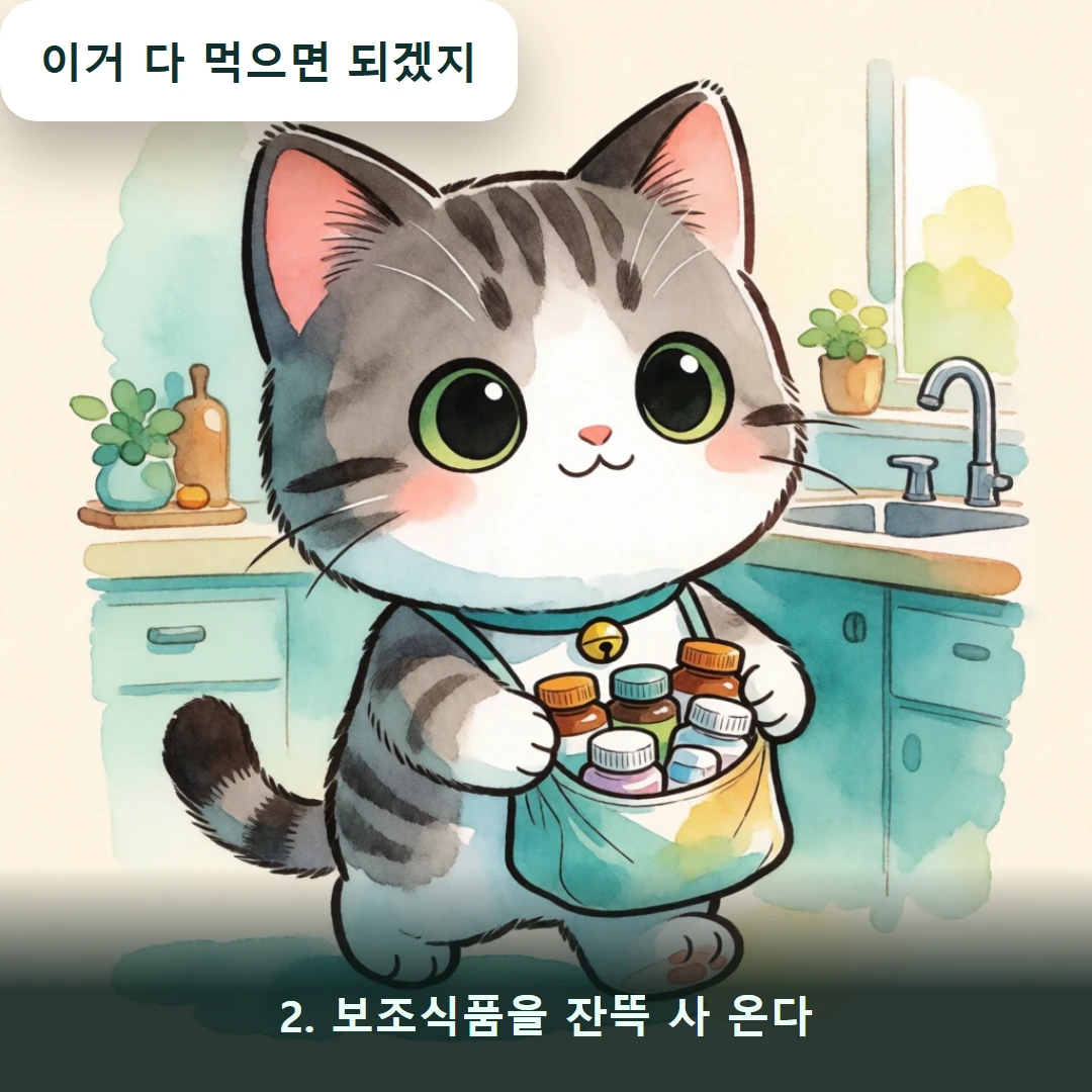 웹툰 2컷 — 2. 보조식품을 잔뜩 사 온다 (이거 다 먹으면 되겠지)