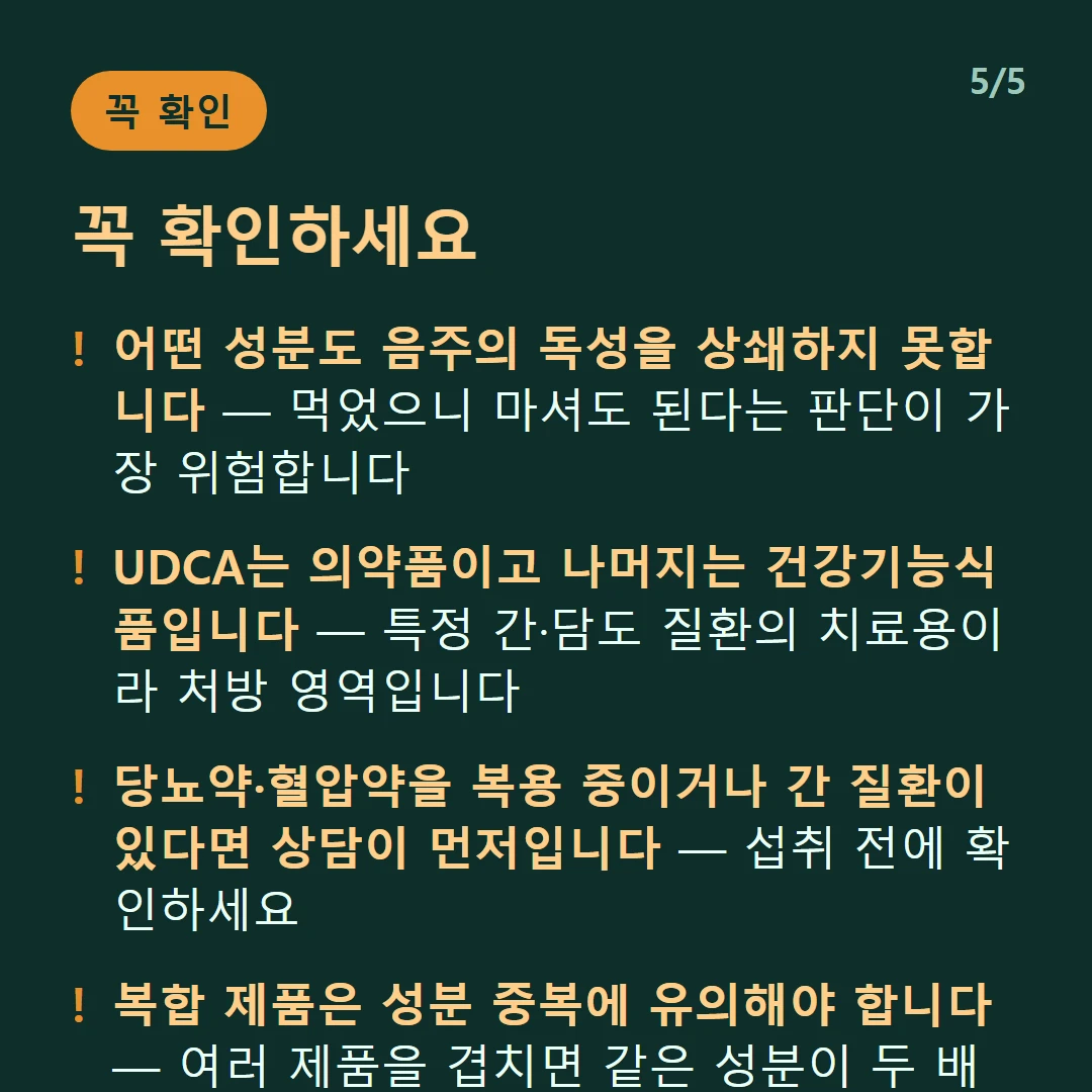 꼭 확인하세요 — 어떤 성분도 음주의 독성을 상쇄하지 못합니다 — 먹었으니 마셔도 된다는 판단이 가장 위험합니다 / UDCA는 의약품이고 나머지는 건강기능식품입니다 — 특정 간·담도 질환의 치료용이라 처방 영역입니다 / 당뇨약·혈압약을 복용 중이거나 간 질환이 있다면 상담이 먼저입니다 — 섭취 전에 확인하세요 / 복합 제품은 성분 중복에 유의해야 합니다 — 여러 제품을 겹치면 같은 성분이 두 배가 됩니다
