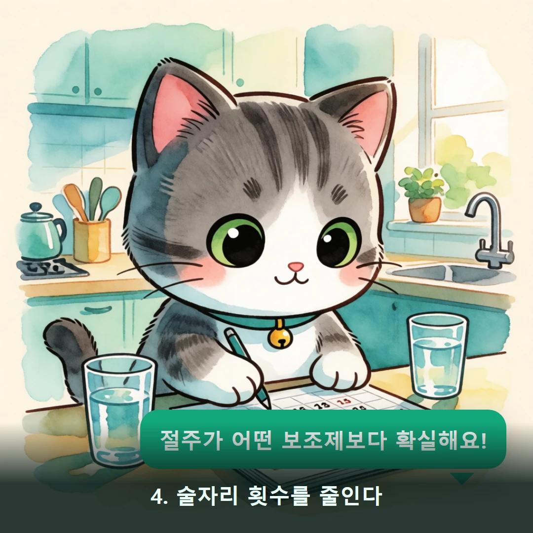 웹툰 4컷 — 4. 술자리 횟수를 줄인다 (절주가 어떤 보조제보다 확실해요!)