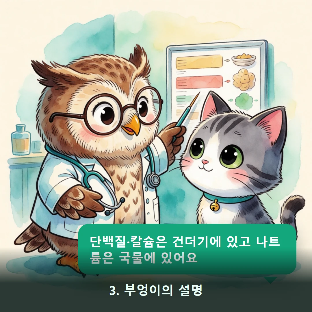 웹툰 3컷 — 3. 부엉이의 설명 (단백질·칼슘은 건더기에 있고 나트륨은 국물에 있어요)
