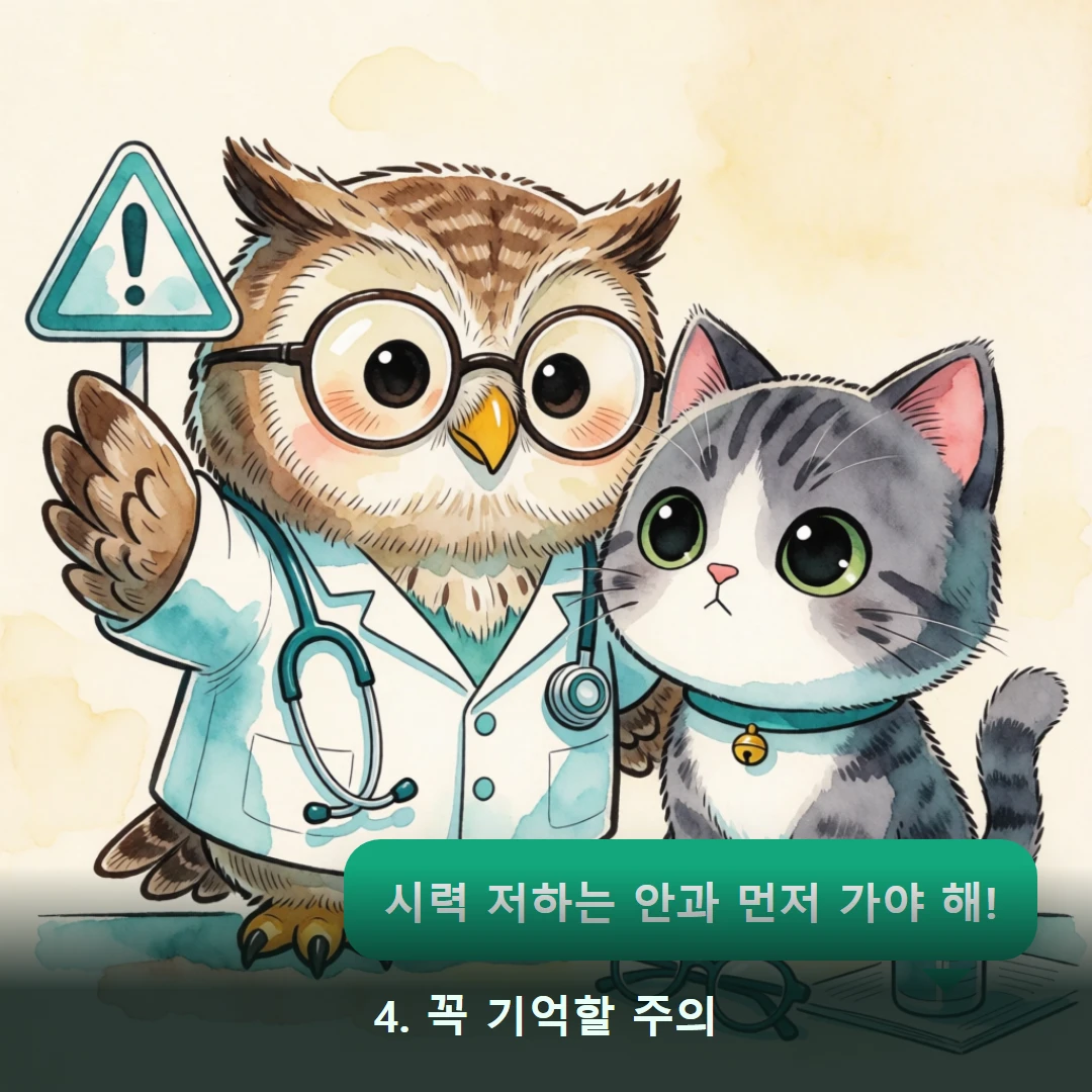 웹툰 4컷 — 4. 꼭 기억할 주의 (시력 저하는 안과 먼저 가야 해!)