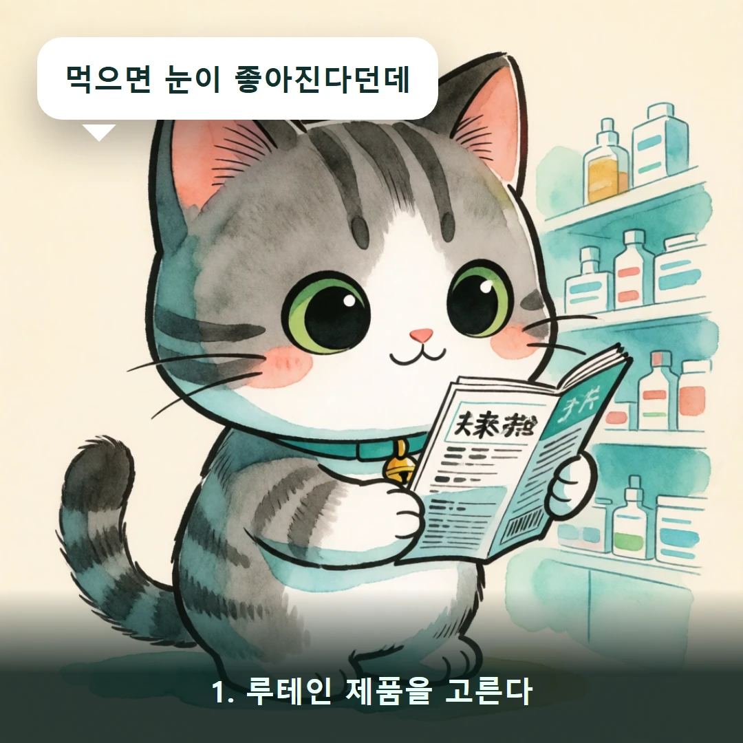 웹툰 1컷 — 1. 루테인 제품을 고른다 (먹으면 눈이 좋아진다던데)