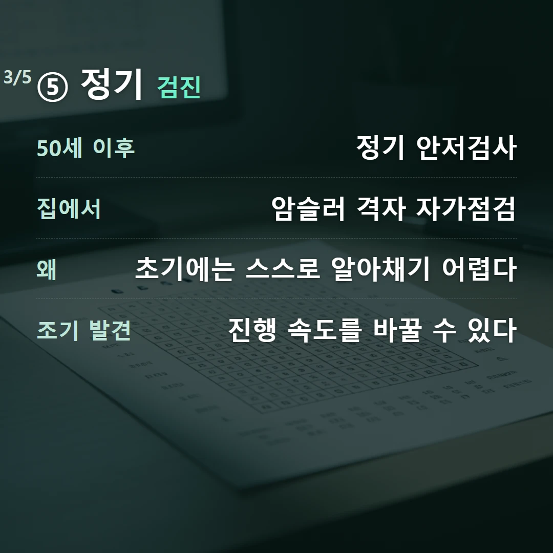⑤ 정기 검진 — 50세 이후 정기 안저검사, 집에서 암슬러 격자 자가점검, 왜 초기에는 스스로 알아채기 어렵다, 조기 발견 진행 속도를 바꿀 수 있다