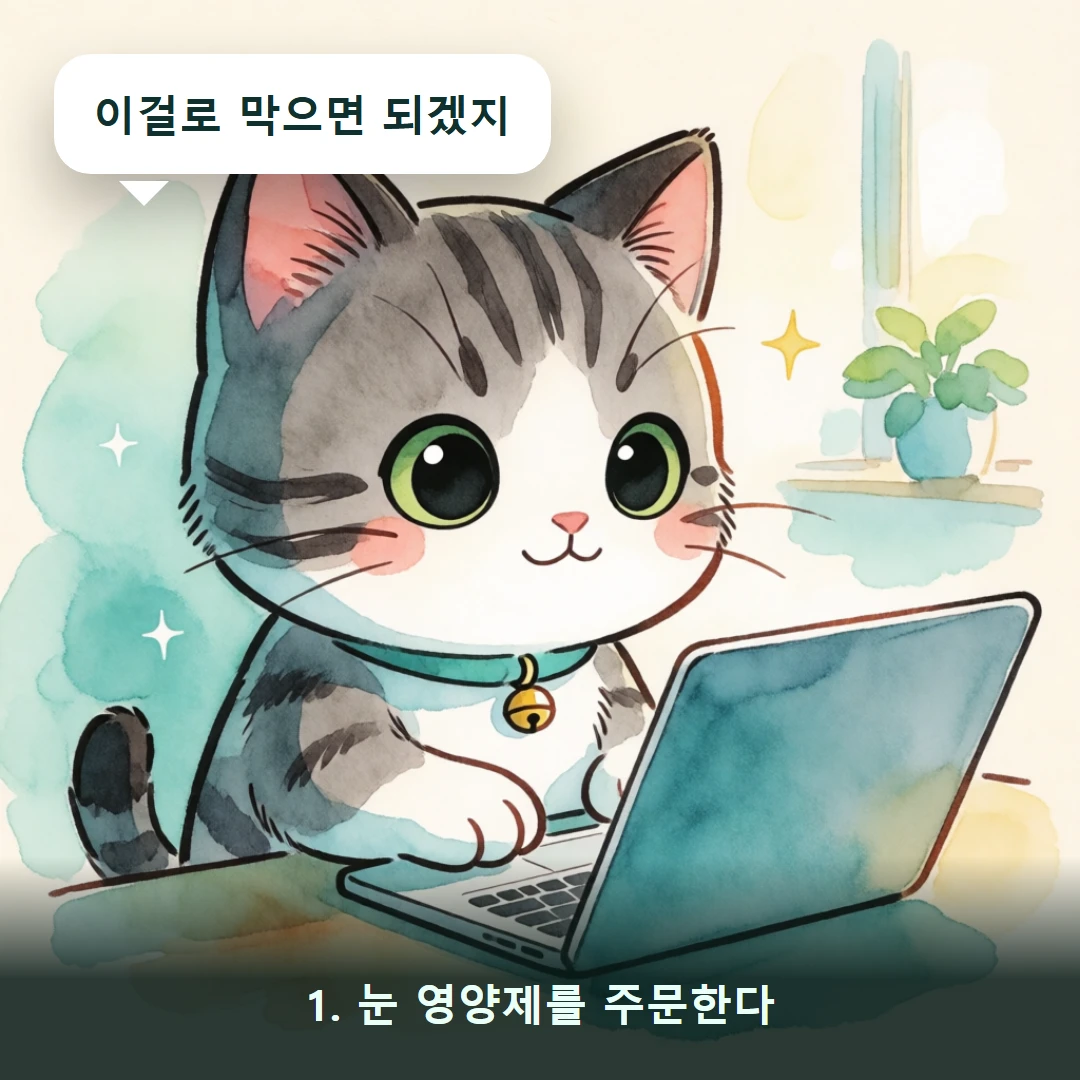 웹툰 1컷 — 1. 눈 영양제를 주문한다 (이걸로 막으면 되겠지)