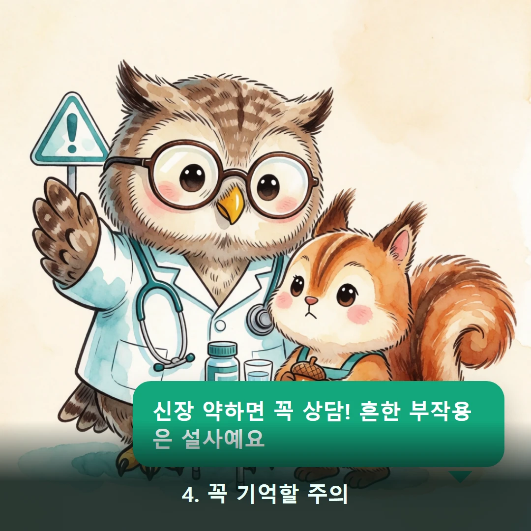 웹툰 4컷 — 4. 꼭 기억할 주의 (신장 약하면 꼭 상담! 흔한 부작용은 설사예요)