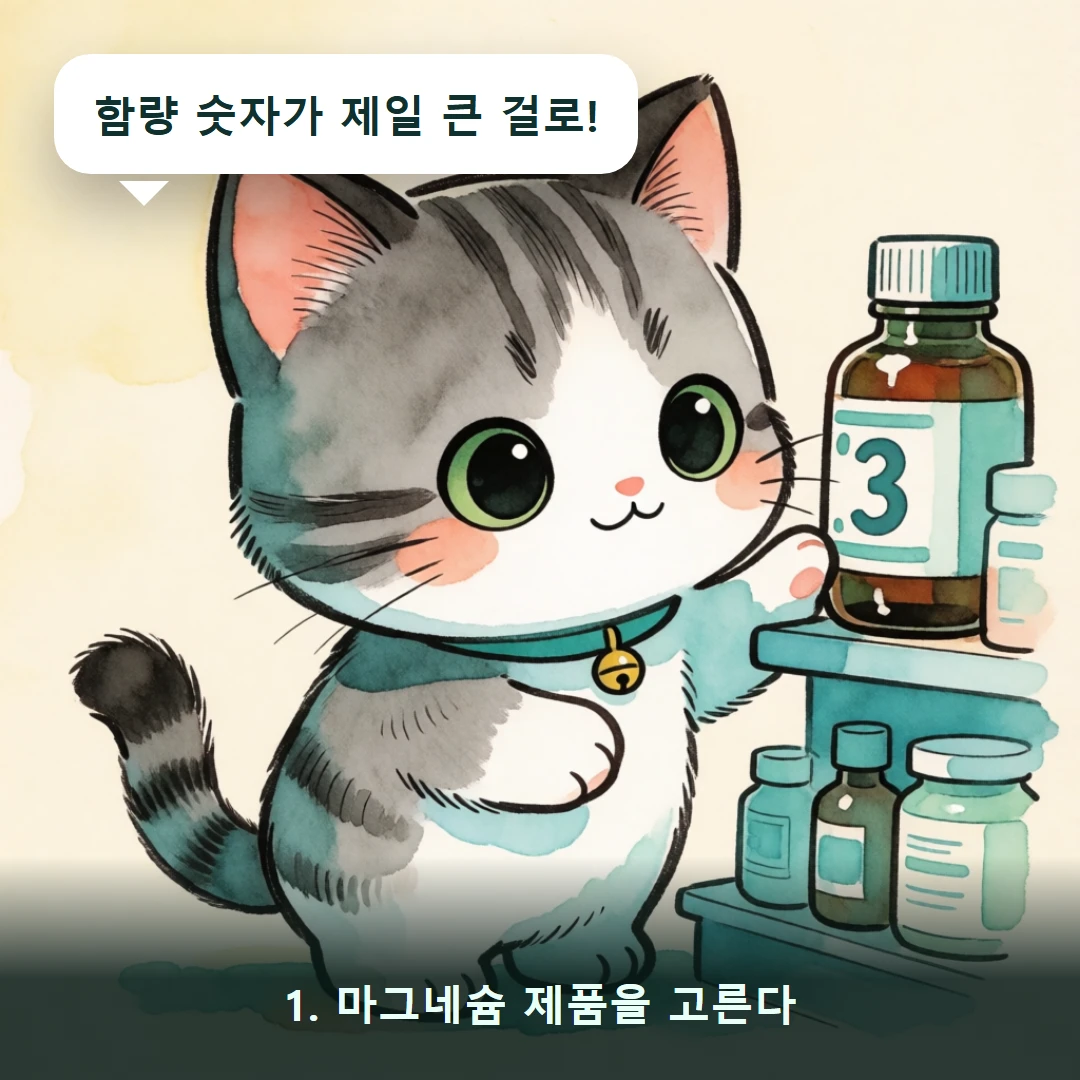 웹툰 1컷 — 1. 마그네슘 제품을 고른다 (함량 숫자가 제일 큰 걸로!)
