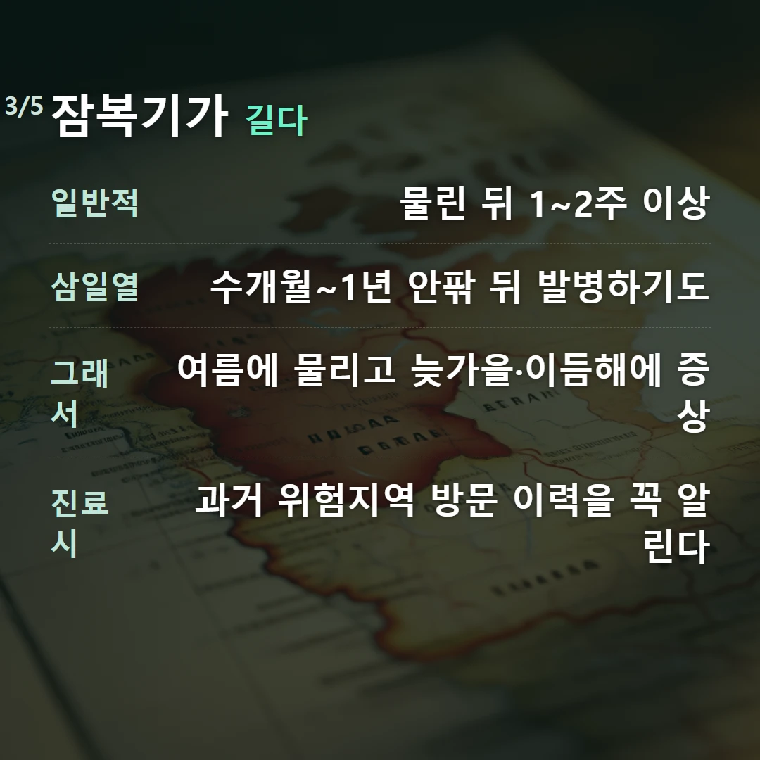 잠복기가 길다 — 일반적 물린 뒤 1~2주 이상, 삼일열 수개월~1년 안팎 뒤 발병하기도, 그래서 여름에 물리고 늦가을·이듬해에 증상, 진료 시 과거 위험지역 방문 이력을 꼭 알린다