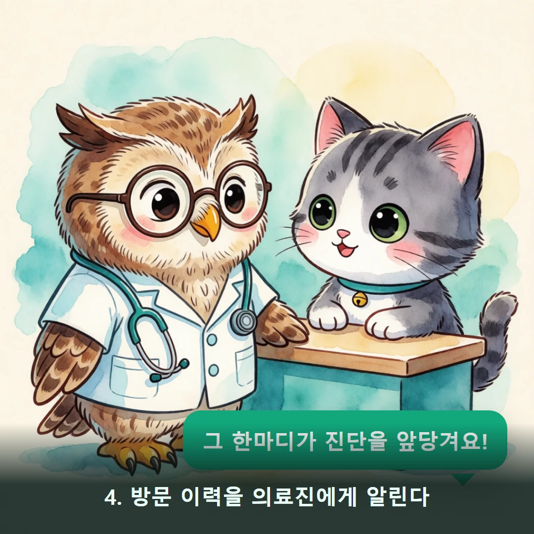 웹툰 4컷 — 4. 방문 이력을 의료진에게 알린다 (그 한마디가 진단을 앞당겨요!)