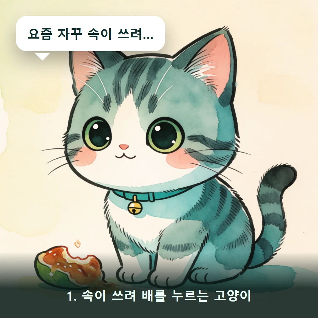 웹툰 1컷 — 1. 속이 쓰려 배를 누르는 고양이 (요즘 자꾸 속이 쓰려…)