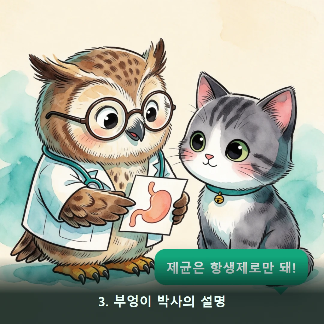 웹툰 3컷 — 3. 부엉이 박사의 설명 (제균은 항생제로만 돼!)