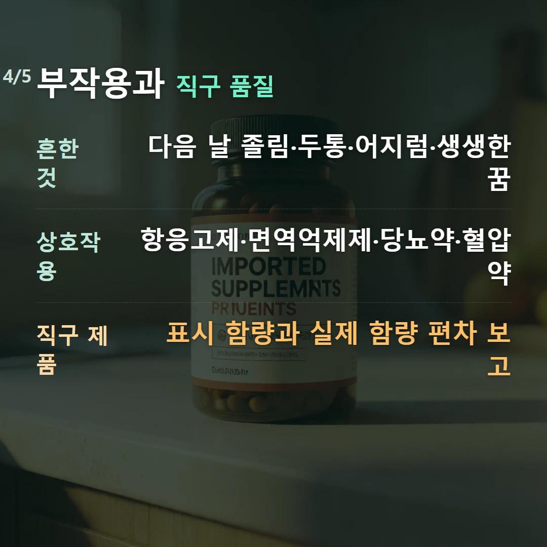 부작용과 직구 품질 — 흔한 것 다음 날 졸림·두통·어지럼·생생한 꿈, 상호작용 항응고제·면역억제제·당뇨약·혈압약, 직구 제품 표시 함량과 실제 함량 편차 보고