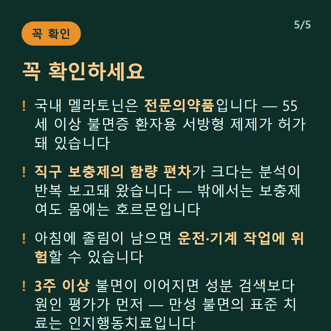 꼭 확인하세요 — 국내 멜라토닌은 전문의약품입니다 — 55세 이상 불면증 환자용 서방형 제제가 허가돼 있습니다 / 직구 보충제의 함량 편차가 크다는 분석이 반복 보고돼 왔습니다 — 밖에서는 보충제여도 몸에는 호르몬입니다 / 아침에 졸림이 남으면 운전·기계 작업에 위험할 수 있습니다 / 3주 이상 불면이 이어지면 성분 검색보다 원인 평가가 먼저 — 만성 불면의 표준 치료는 인지행동치료입니다
