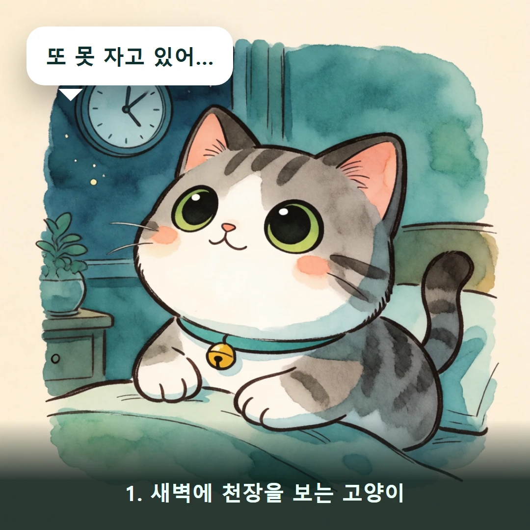 웹툰 1컷 — 1. 새벽에 천장을 보는 고양이 (또 못 자고 있어…)