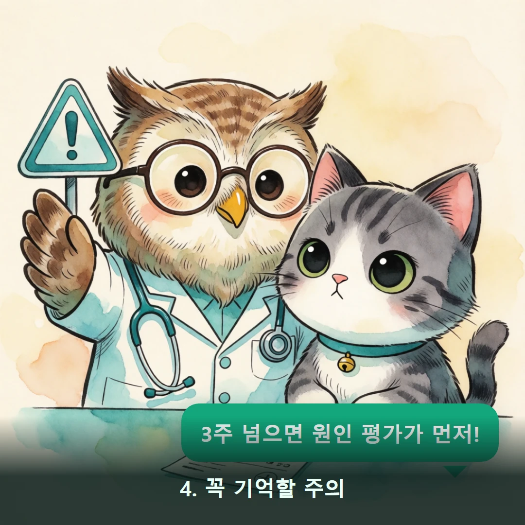 웹툰 4컷 — 4. 꼭 기억할 주의 (3주 넘으면 원인 평가가 먼저!)