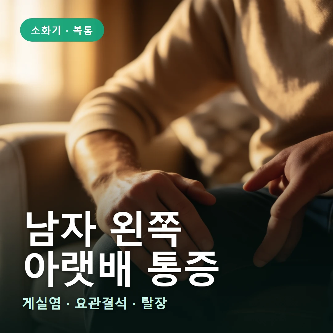 남자 왼쪽 아랫배 통증 요약 표지 — 게실염 · 요관결석 · 탈장