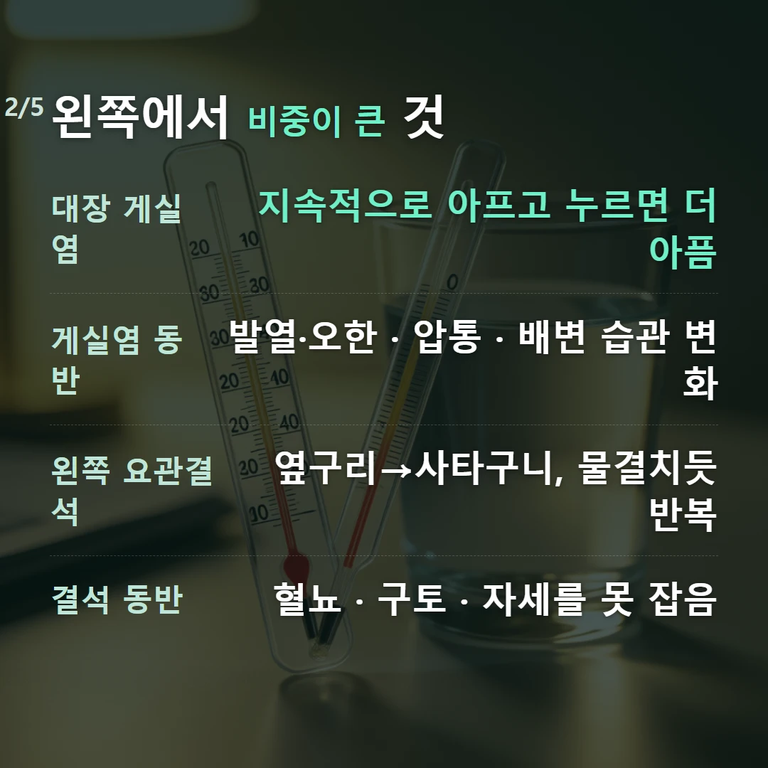 왼쪽에서 비중이 큰 것 — 대장 게실염 지속적으로 아프고 누르면 더 아픔, 게실염 동반 발열·오한 · 압통 · 배변 습관 변화, 왼쪽 요관결석 옆구리→사타구니, 물결치듯 반복, 결석 동반 혈뇨 · 구토 · 자세를 못 잡음