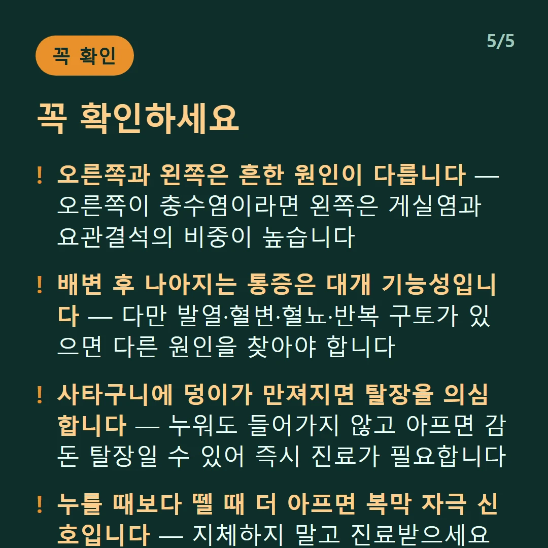 꼭 확인하세요 — 오른쪽과 왼쪽은 흔한 원인이 다릅니다 — 오른쪽이 충수염이라면 왼쪽은 게실염과 요관결석의 비중이 높습니다 / 배변 후 나아지는 통증은 대개 기능성입니다 — 다만 발열·혈변·혈뇨·반복 구토가 있으면 다른 원인을 찾아야 합니다 / 사타구니에 덩이가 만져지면 탈장을 의심합니다 — 누워도 들어가지 않고 아프면 감돈 탈장일 수 있어 즉시 진료가 필요합니다 / 누를 때보다 뗄 때 더 아프면 복막 자극 신호입니다 — 지체하지 말고 진료받으세요