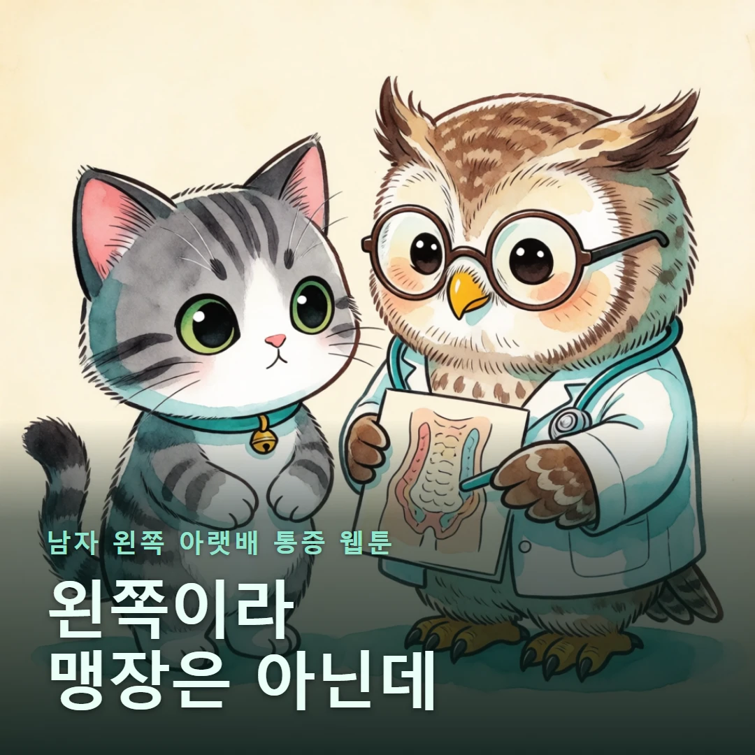 남자 왼쪽 아랫배 통증 웹툰 표지 — 왼쪽이라 맹장은 아닌데