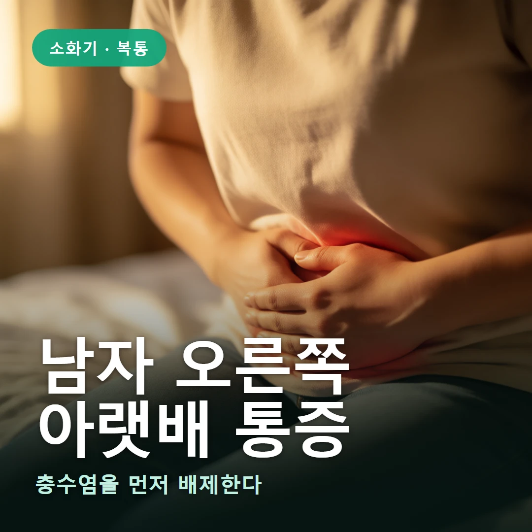 남자 오른쪽 아랫배 통증 요약 표지 — 충수염을 먼저 배제한다