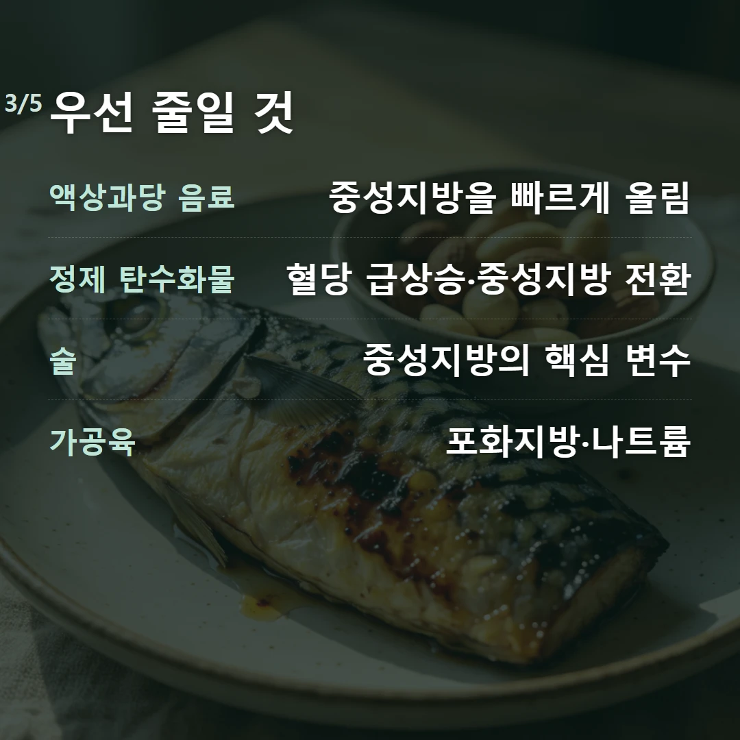 우선 줄일 것 — 액상과당 음료 중성지방을 빠르게 올림, 정제 탄수화물 혈당 급상승·중성지방 전환, 술 중성지방의 핵심 변수, 가공육 포화지방·나트륨