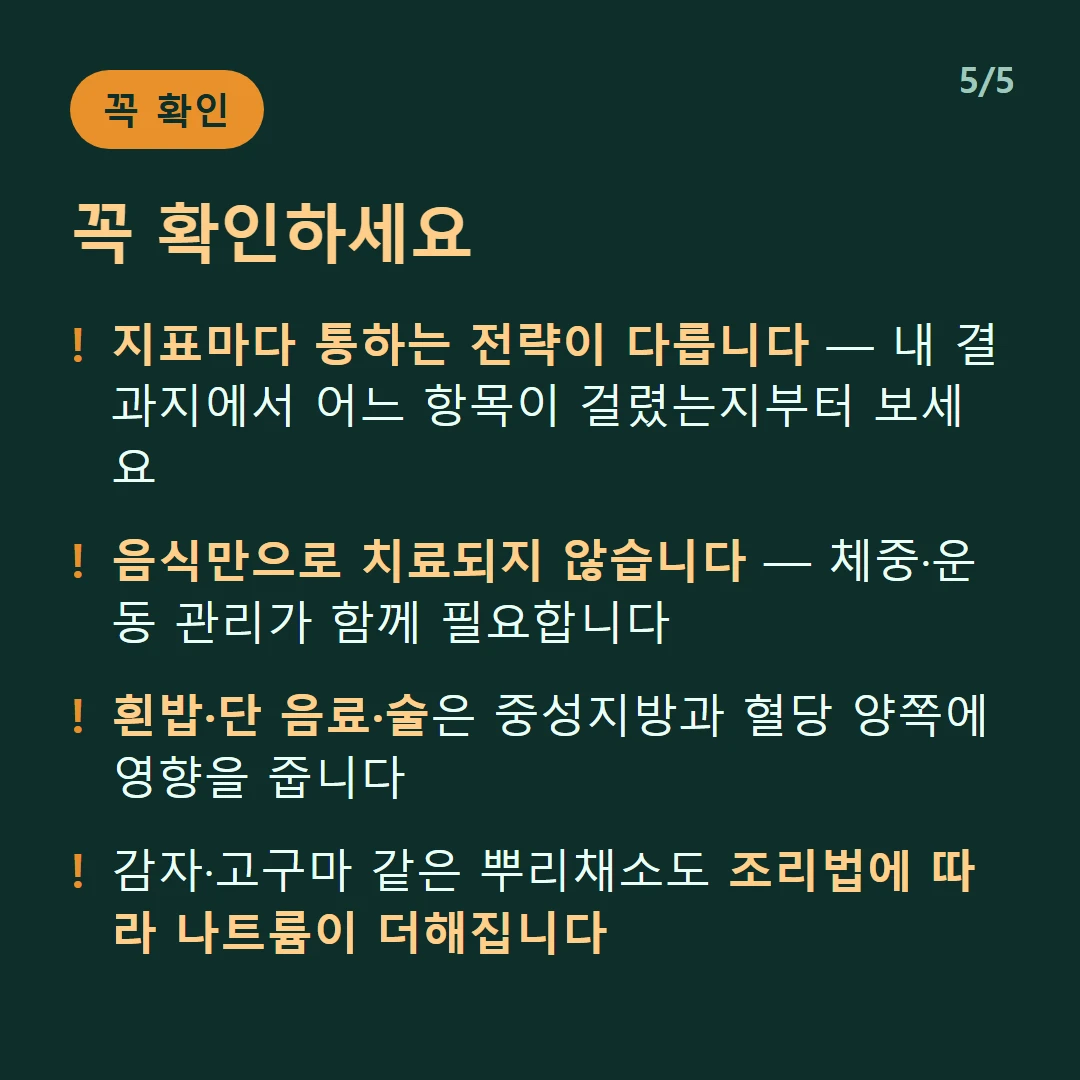 꼭 확인하세요 — 지표마다 통하는 전략이 다릅니다 — 내 결과지에서 어느 항목이 걸렸는지부터 보세요 / 음식만으로 치료되지 않습니다 — 체중·운동 관리가 함께 필요합니다 / 흰밥·단 음료·술은 중성지방과 혈당 양쪽에 영향을 줍니다 / 감자·고구마 같은 뿌리채소도 조리법에 따라 나트륨이 더해집니다