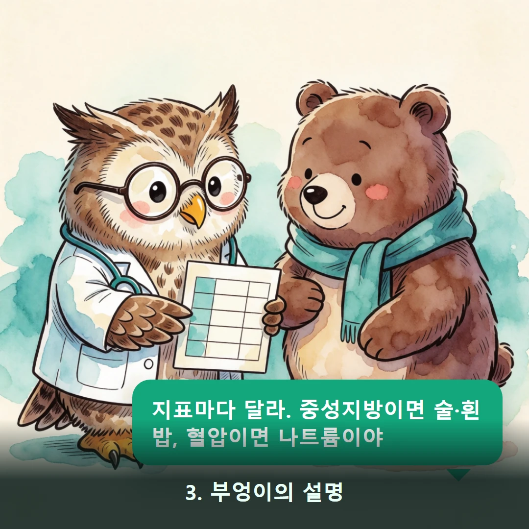 웹툰 3컷 — 3. 부엉이의 설명 (지표마다 달라. 중성지방이면 술·흰밥, 혈압이면 나트륨이야)