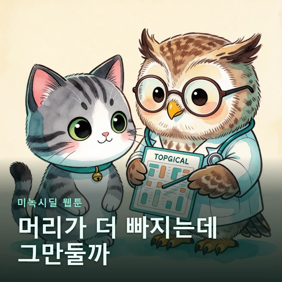 미녹시딜 웹툰 표지 — 머리가 더 빠지는데 그만둘까