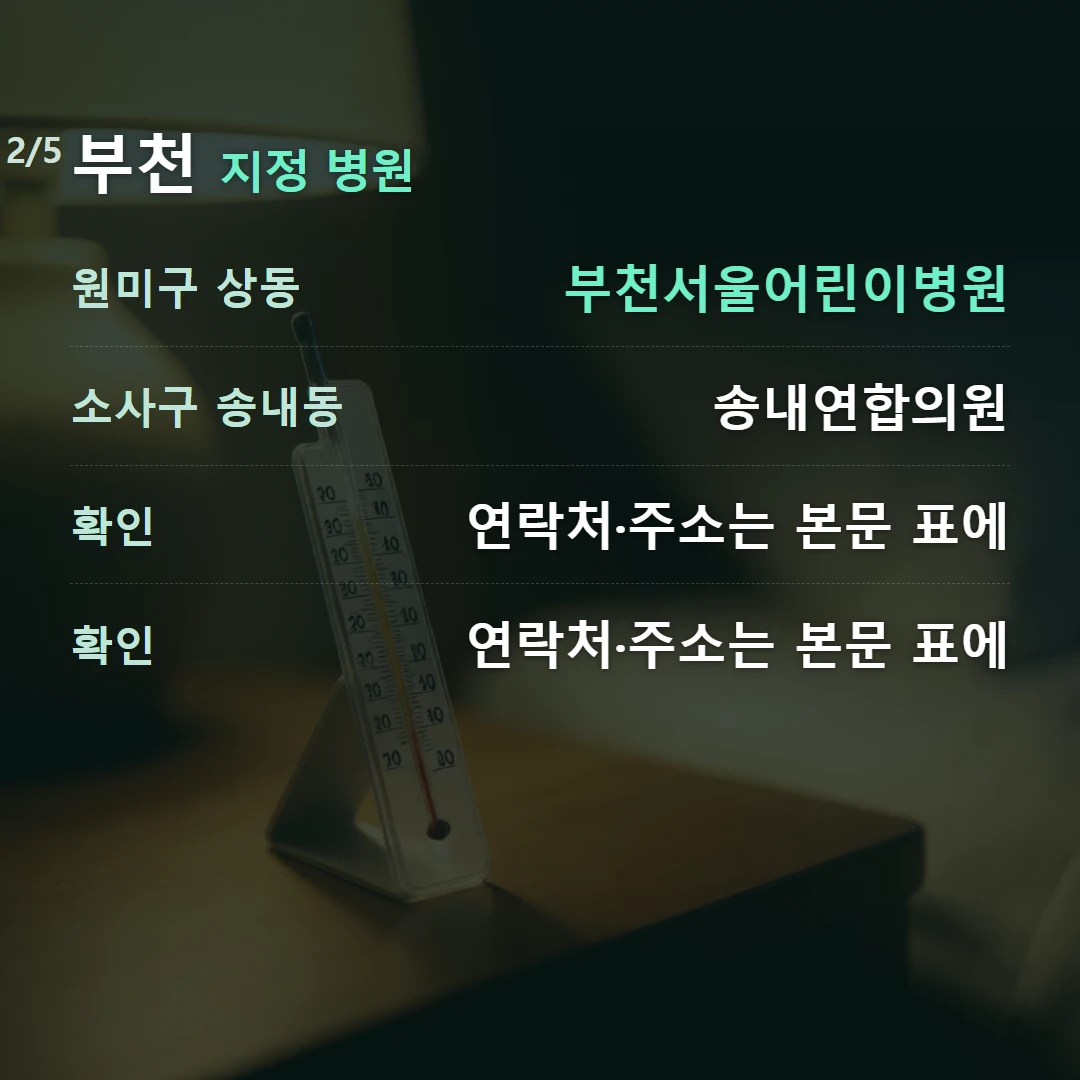 부천 지정 병원 — 원미구 상동 부천서울어린이병원, 소사구 송내동 송내연합의원, 확인 연락처·주소는 본문 표에, 확인 연락처·주소는 본문 표에