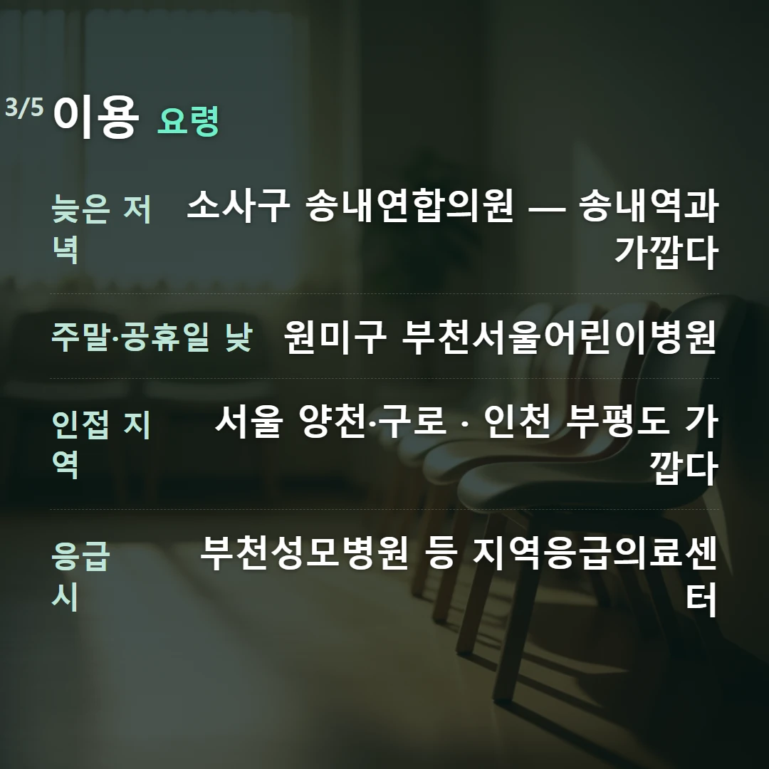 이용 요령 — 늦은 저녁 소사구 송내연합의원 — 송내역과 가깝다, 주말·공휴일 낮 원미구 부천서울어린이병원, 인접 지역 서울 양천·구로 · 인천 부평도 가깝다, 응급 시 부천성모병원 등 지역응급의료센터