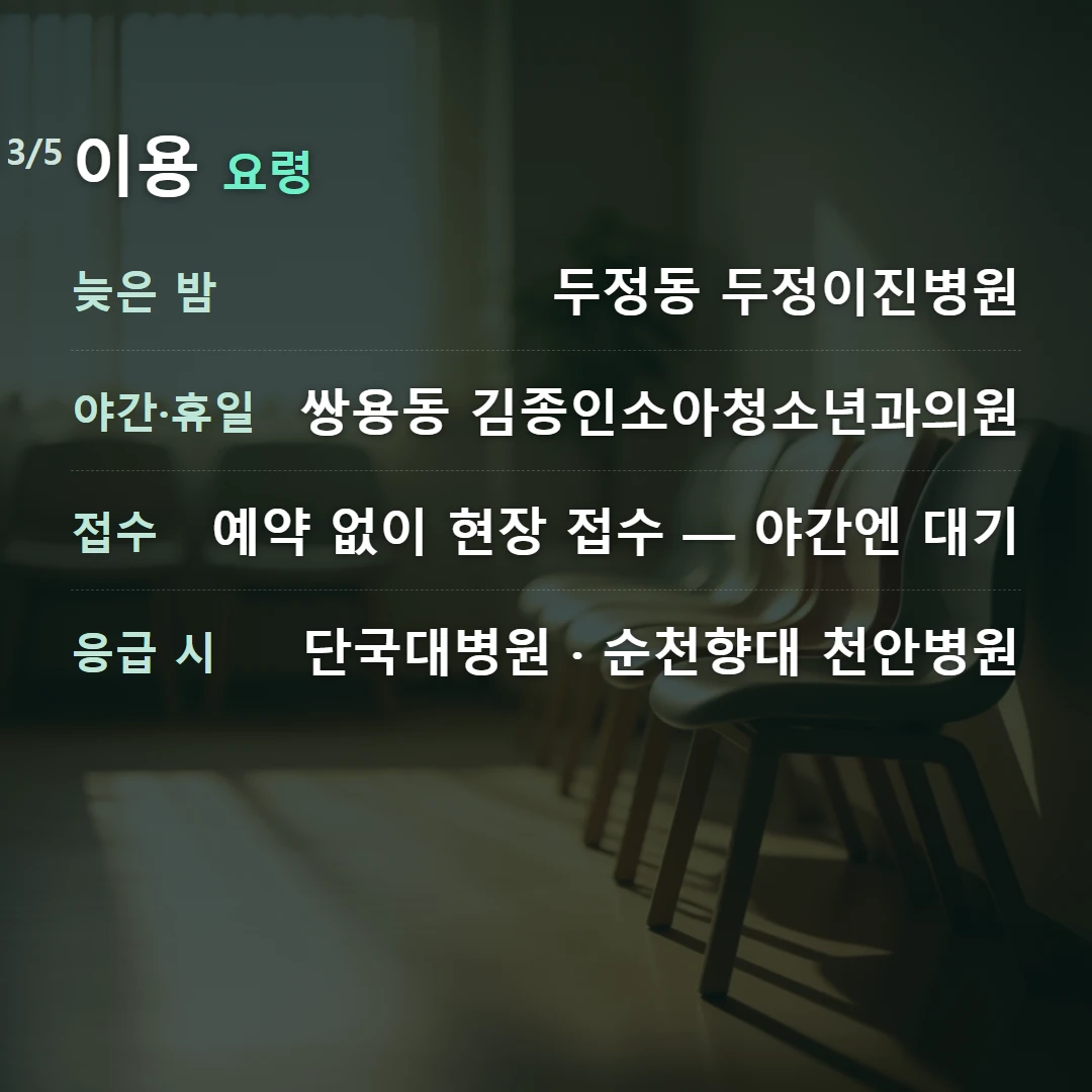 이용 요령 — 늦은 밤 두정동 두정이진병원, 야간·휴일 쌍용동 김종인소아청소년과의원, 접수 예약 없이 현장 접수 — 야간엔 대기, 응급 시 단국대병원 · 순천향대 천안병원