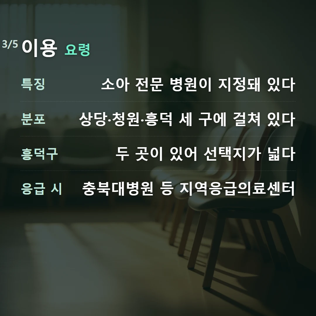 이용 요령 — 특징 소아 전문 병원이 지정돼 있다, 분포 상당·청원·흥덕 세 구에 걸쳐 있다, 흥덕구 두 곳이 있어 선택지가 넓다, 응급 시 충북대병원 등 지역응급의료센터