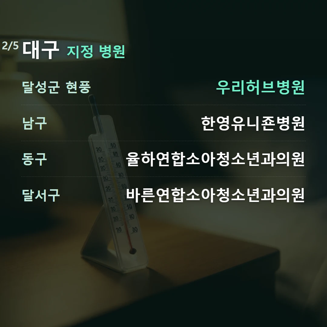 대구 지정 병원 — 달성군 현풍 우리허브병원, 남구 한영유니죤병원, 동구 율하연합소아청소년과의원, 달서구 바른연합소아청소년과의원