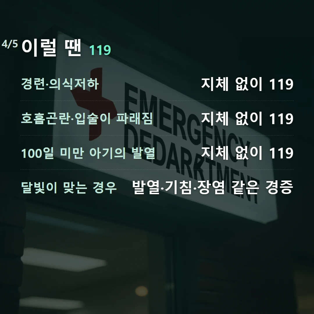 이럴 땐 119 — 경련·의식저하 지체 없이 119, 호흡곤란·입술이 파래짐 지체 없이 119, 100일 미만 아기의 발열 지체 없이 119, 달빛이 맞는 경우 발열·기침·장염 같은 경증