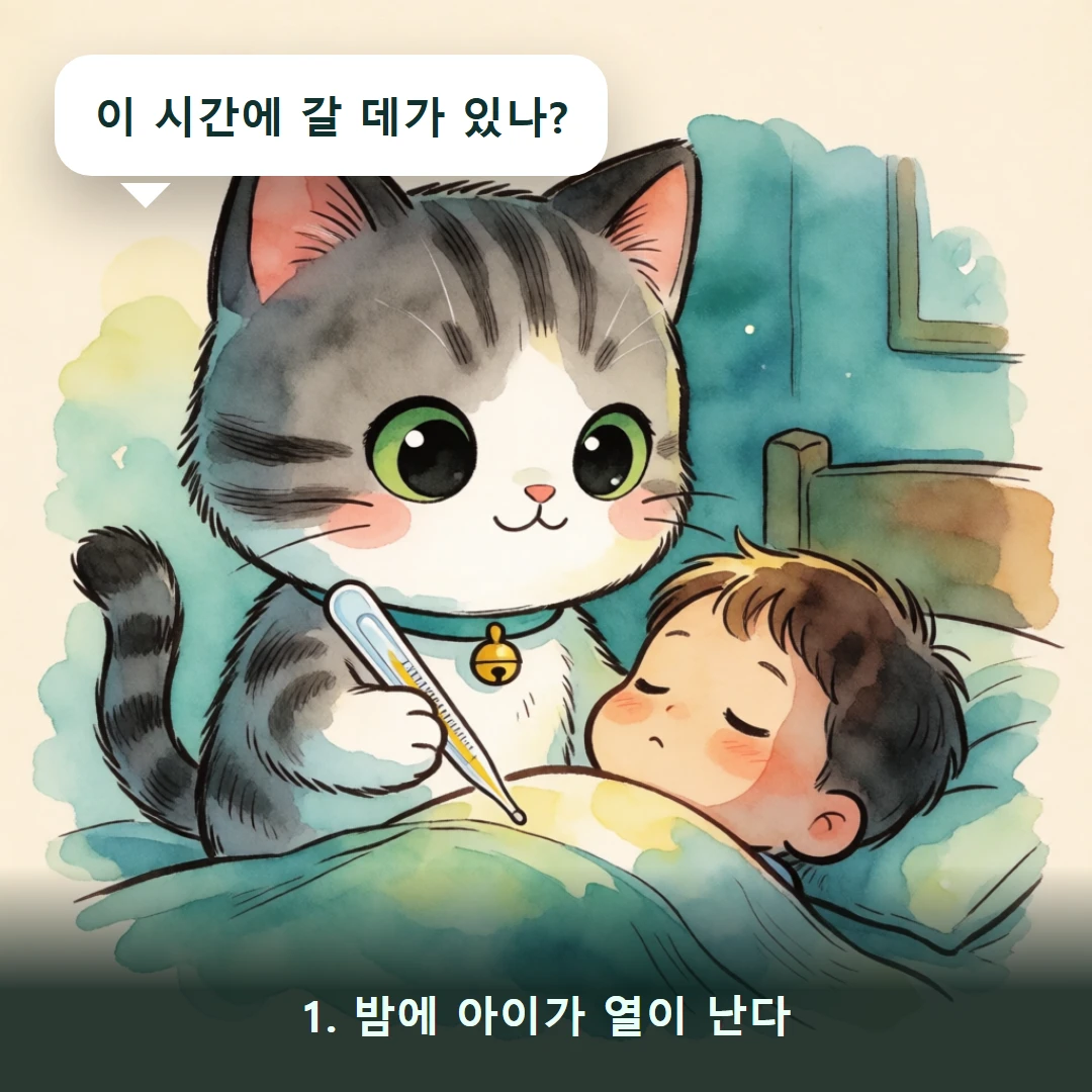웹툰 1컷 — 1. 밤에 아이가 열이 난다 (이 시간에 갈 데가 있나?)
