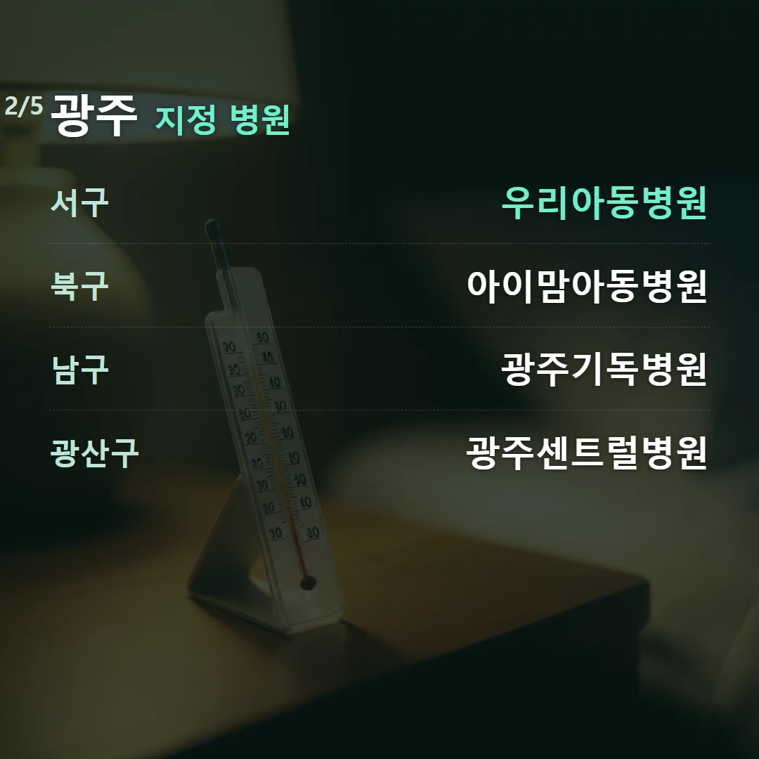 광주 지정 병원 — 서구 우리아동병원, 북구 아이맘아동병원, 남구 광주기독병원, 광산구 광주센트럴병원