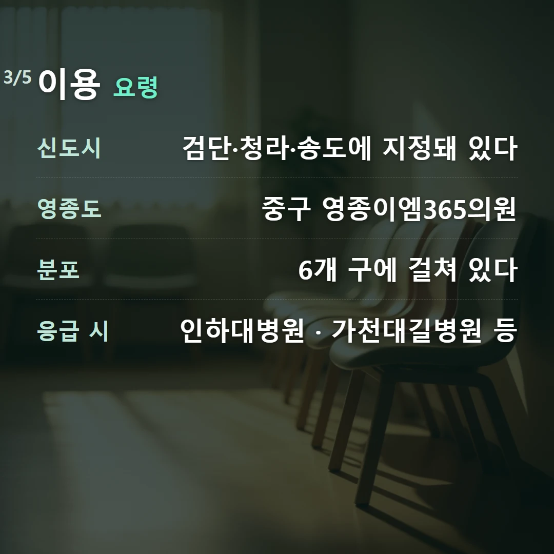 이용 요령 — 신도시 검단·청라·송도에 지정돼 있다, 영종도 중구 영종이엠365의원, 분포 6개 구에 걸쳐 있다, 응급 시 인하대병원 · 가천대길병원 등