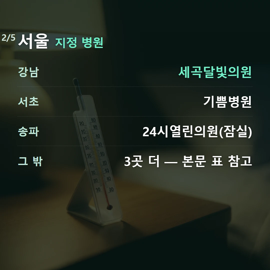 서울 지정 병원 — 강남 세곡달빛의원, 서초 기쁨병원, 송파 24시열린의원(잠실), 그 밖 3곳 더 — 본문 표 참고