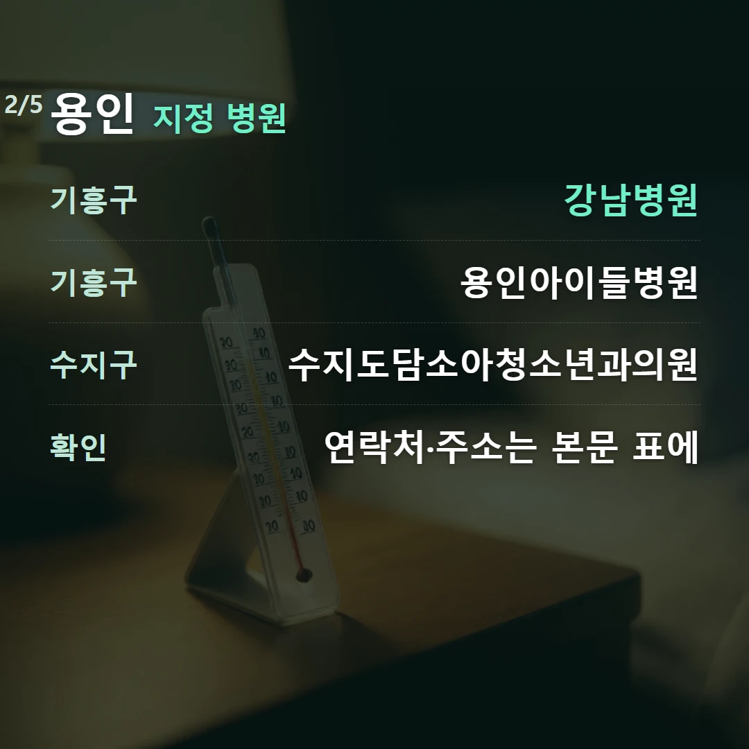용인 지정 병원 — 기흥구 강남병원, 기흥구 용인아이들병원, 수지구 수지도담소아청소년과의원, 확인 연락처·주소는 본문 표에