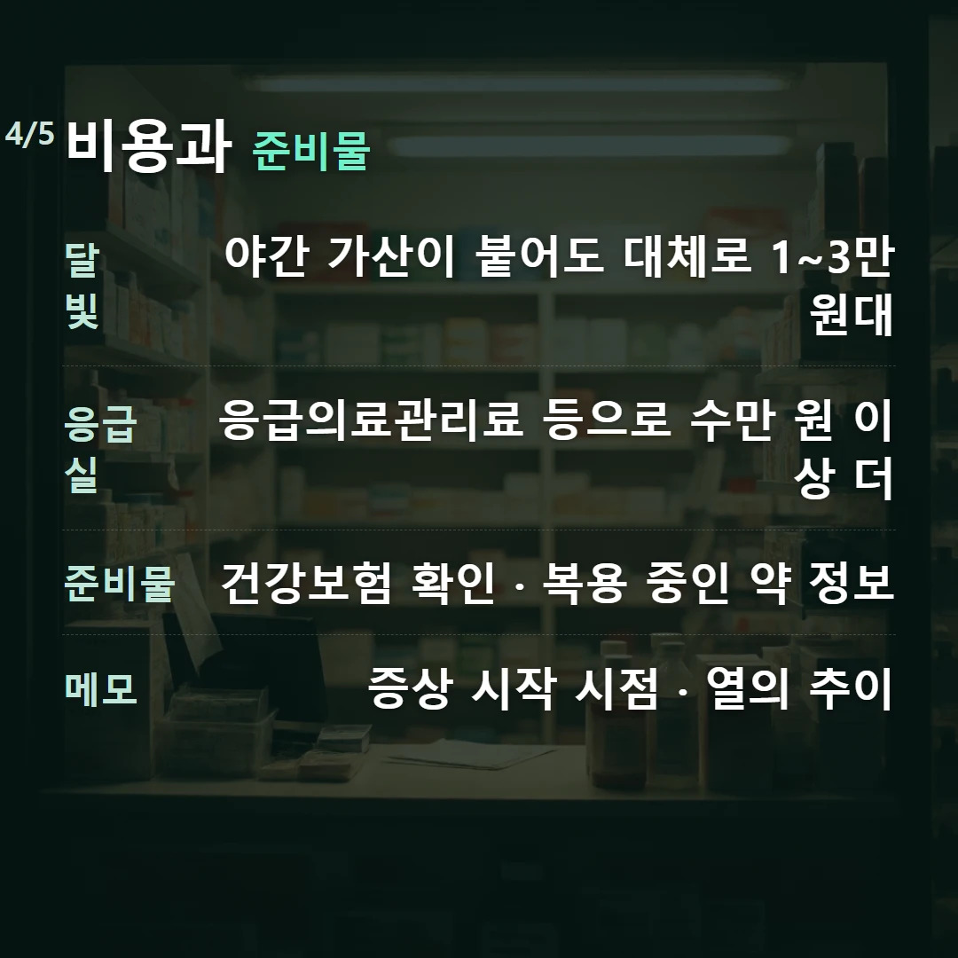 비용과 준비물 — 달빛 야간 가산이 붙어도 대체로 1~3만 원대, 응급실 응급의료관리료 등으로 수만 원 이상 더, 준비물 건강보험 확인 · 복용 중인 약 정보, 메모 증상 시작 시점 · 열의 추이
