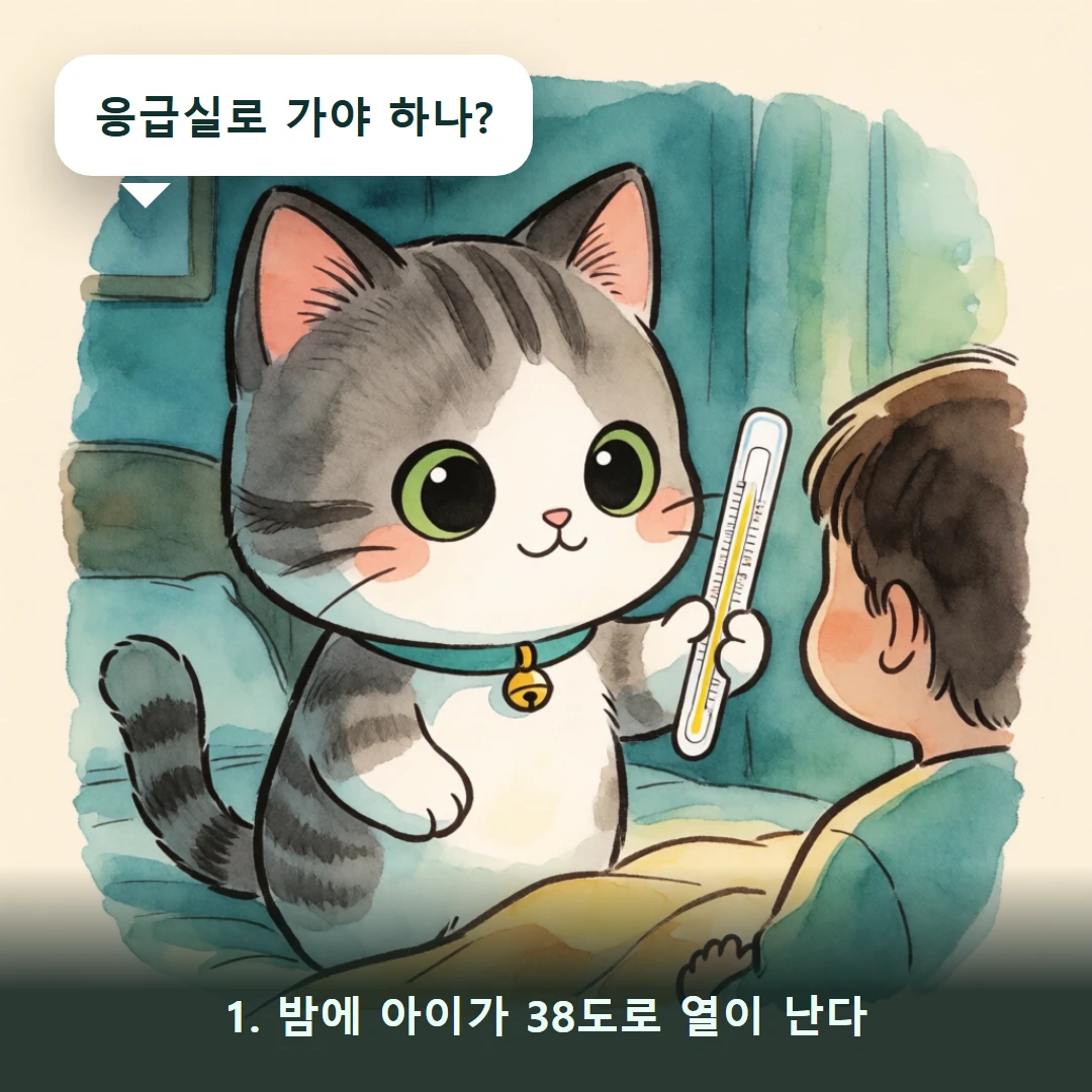 웹툰 1컷 — 1. 밤에 아이가 38도로 열이 난다 (응급실로 가야 하나?)