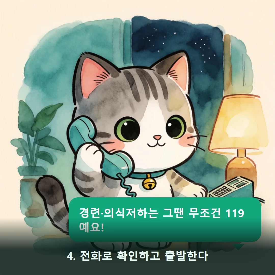 웹툰 4컷 — 4. 전화로 확인하고 출발한다 (경련·의식저하는 그땐 무조건 119예요!)